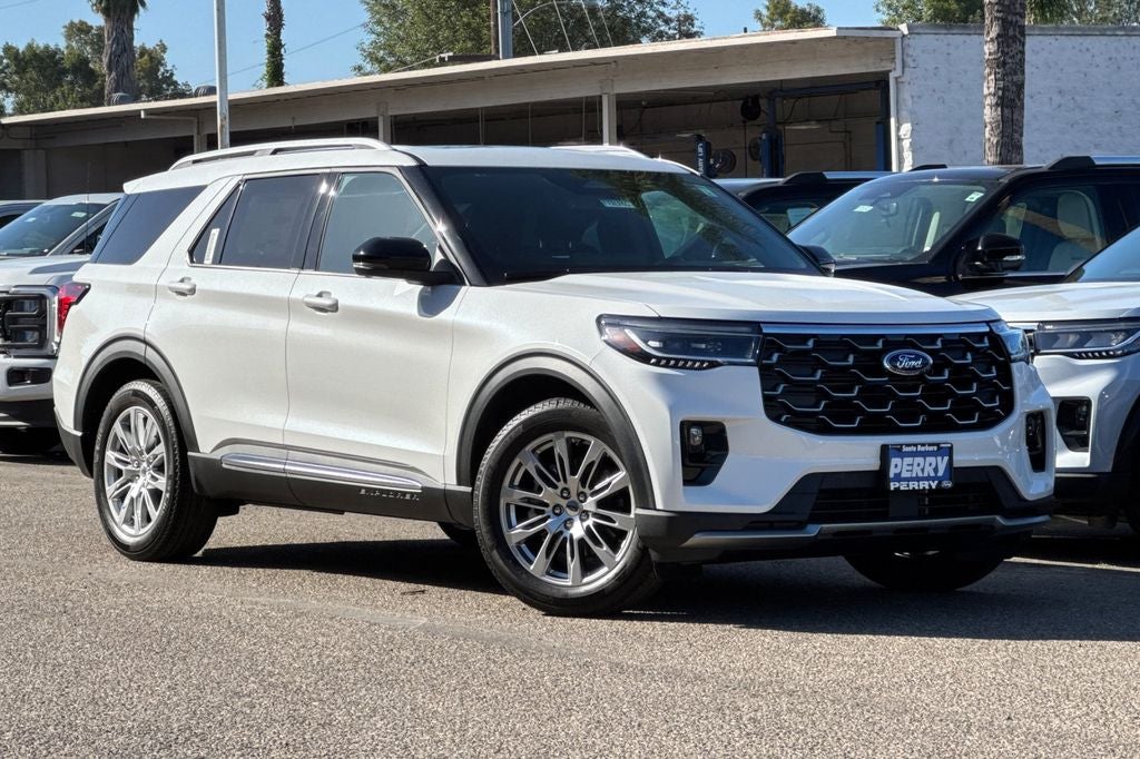 2026 Ford Explorer Platinum in Star White Metallic Tri-Coat — front three-quarter view